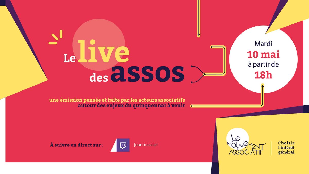 💥Rendez-vous mardi 10 mai de 18h à 21h sur la chaîne <a href="/Twitch/">Twitch</a> de <a href="/JeanMassiet/">Jean Massiet</a> pour #LeLiveDesAssos

📣Une émission post-#présidentielle2022 pensée et faite par les acteurs associatifs 

👉Pour participer
fb.me/e/7KkvfVB0V
👉Pour aller sur la chaîne
twitch.tv/jeanmassiet
