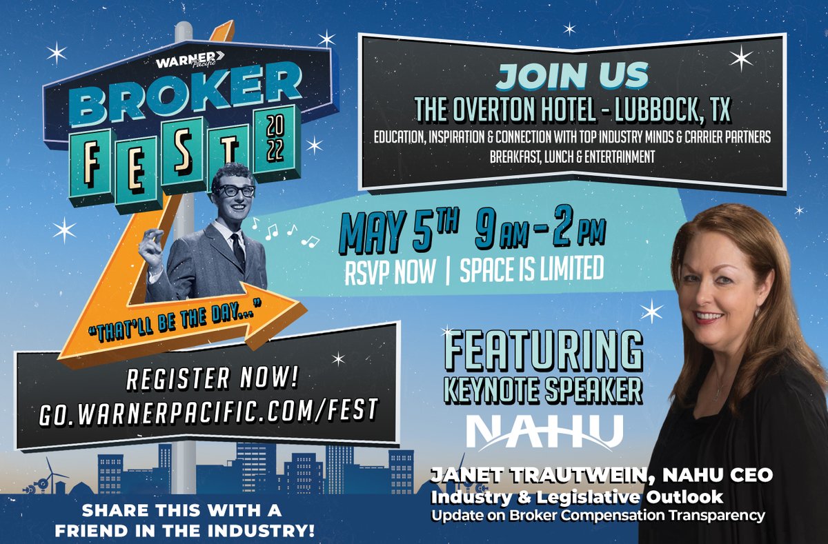 WarnerNavigator's tweet photo. Hear directly from top minds in the health insurance industry at Broker Fest in Lubbock, Texas! Our keynote speaker is Janet Trautwein, CEO of NAHU.

We’ll treat you to great food, inspiration and entertainment — live and in person on May 5!

Register now: https://t.co/9qUJIx3MOK https://t.co/DdVHaQZT7G