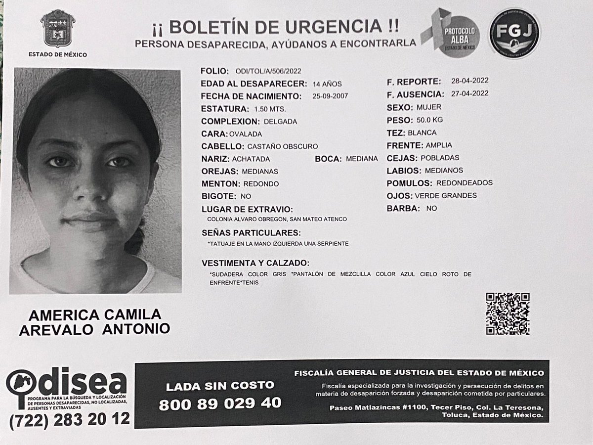 JeSuisLaBOA's tweet photo. #AlertaAmber 
Ella es América Camila Arévalo Antonio
Tiene 14 años y desapareció ayer en la colonia Alvaro Obregón, San Mateo Atenco.

Por favor su ayuda para compartir y que llegue a más personas https://t.co/jZLGNFcP3y