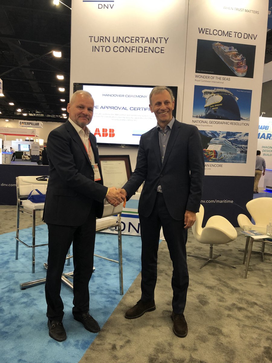 ABBMarine's tweet photo. We just had the pleasure of taking part in the official handover ceremony with @DNV_Group at #STCGlobal in relation to ABB receiving the industry’s first Cyber Secure Essential SP1 certification for its ship automation, propulsion and power systems.
https://t.co/iPozlKEdRZ https://t.co/oStkJUUkVp