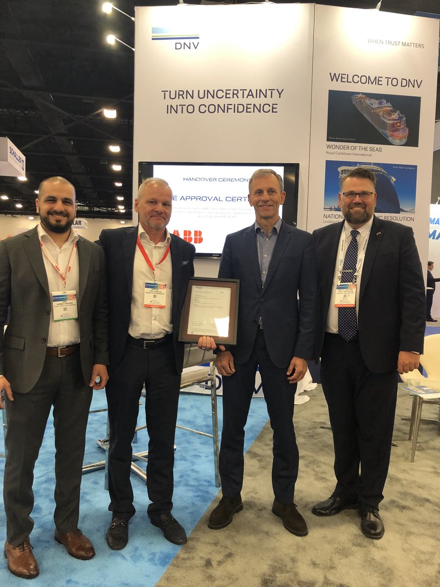 ABBMarine's tweet photo. We just had the pleasure of taking part in the official handover ceremony with @DNV_Group at #STCGlobal in relation to ABB receiving the industry’s first Cyber Secure Essential SP1 certification for its ship automation, propulsion and power systems.
https://t.co/iPozlKEdRZ https://t.co/oStkJUUkVp