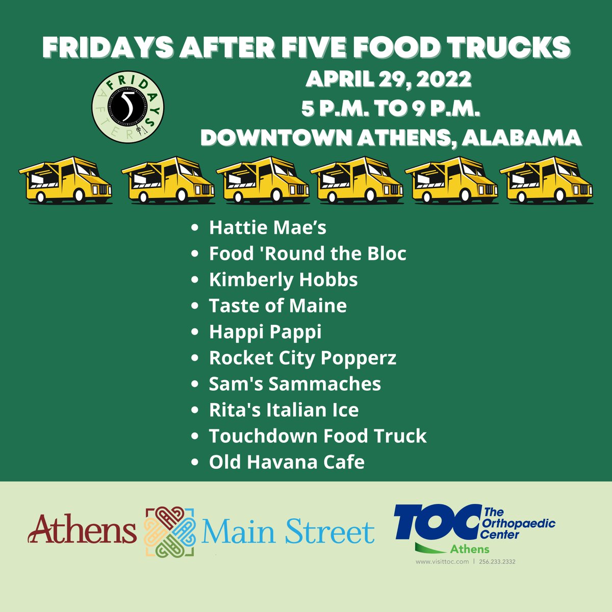 #FridaysAfterFive is April 29, 2022 from 5 p.m. to 9 p.m. in downtown <a href="/AthensAL/">City of Athens, AL</a>! Check out all of the amazing food trucks we have scheduled. Utopia Band will perform from 7 p.m. to 8:30 p.m. on the east side of the square! Come have some #retailtherapy and enjoy the nice weather!