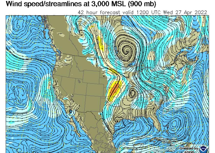 SoarPMSC's tweet photo. Ridge winds:  On April 25, the wind forecast for two days later looked like this:

Recognizing that it doesn't get better than this, Evan dropped everything, planned an out-and-return record flight, and spent the next day driving to Eagle Field in… https://t.co/TXMna6IJAg https://t.co/VFh6oh4x9s
