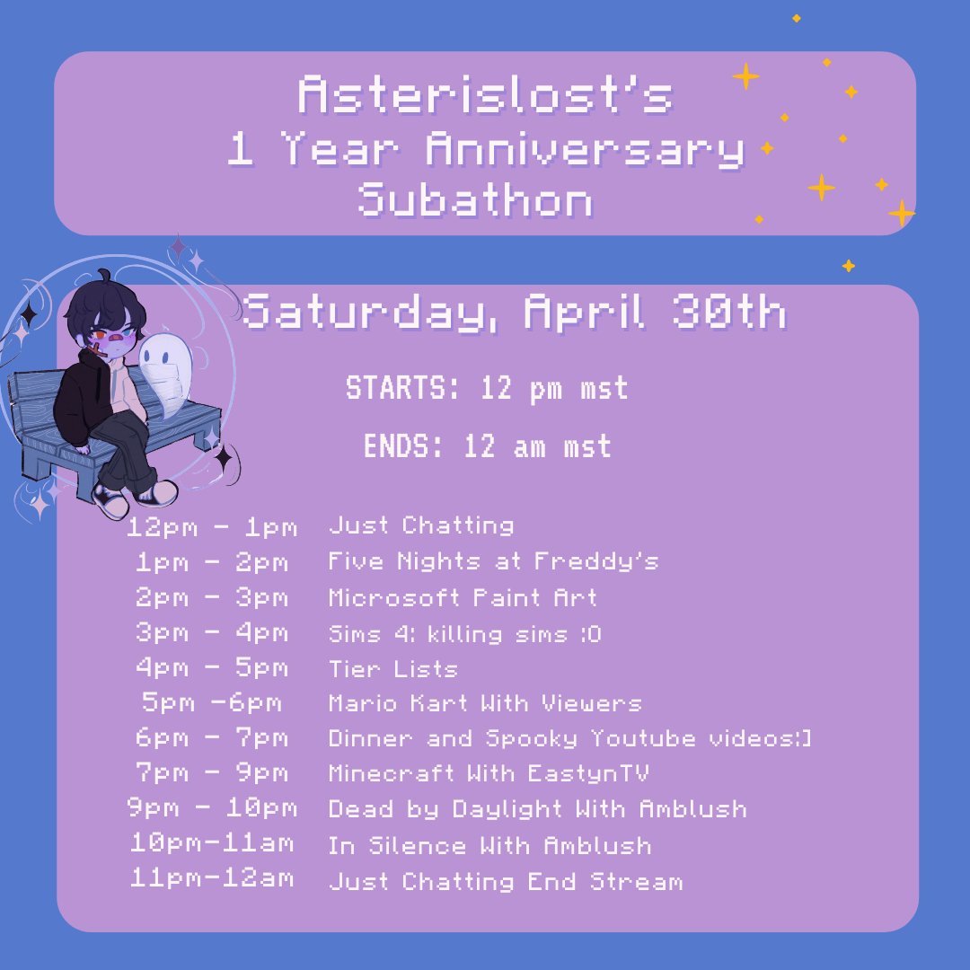 asterislost_'s tweet photo. Whoooo 1 year subathon is this Saturday!! Hope you can join<3 
#streamer #gamer #twitch #subathon https://t.co/7gAnQr0hyi
