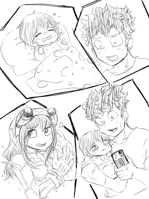 Midotsuyu/ 3 days away and baby Reneta is upset 😢 : part 1 and 2 doodle. Enjoy. #izukumidoriya #TsuyuAsui #IzukuxTsuyu #Midotsuyu #Deku #Froppy #Mission #awayfromhome #mother #father #parents #heroes #RenetaMidoriya #baby #Doodles #fanart #BokuNoHeroAcademia 