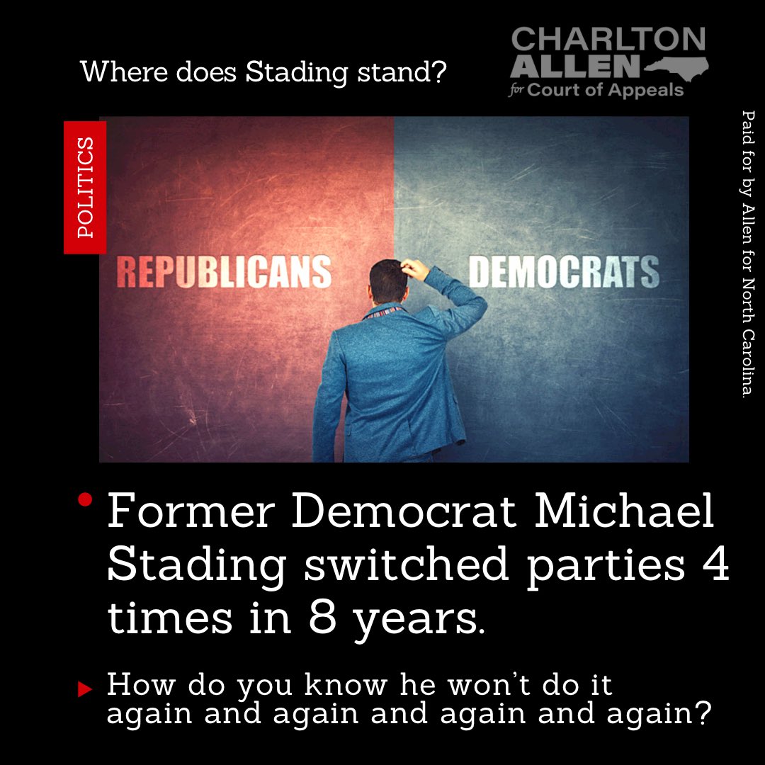 CharltonAllenNC's tweet photo. Serious question: How do we know he won’t do it again? We don’t know, which is why Stading is too risky for Seat 11.
Vote for Charlton Allen—he has the right experience and a lifelong conservative—he’ll stand with us—yesterday, today, and tomorrow. #ncgop #ncpol #nccoa #4in8 https://t.co/EkqB3WcmG1