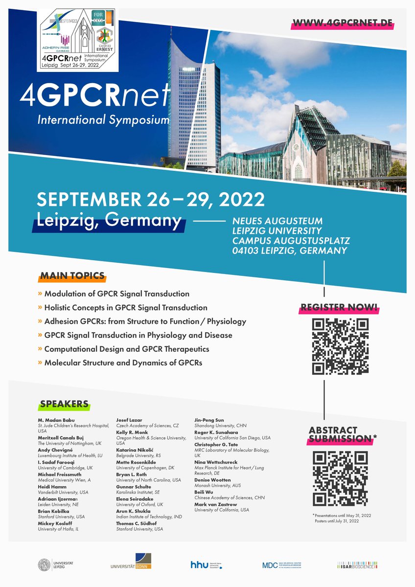 sfb1423's tweet photo. 🚨📢Join us! The Registration and the Abstract Submission for 4GPCRnet Meeting (Sept 26-29) in Leipzig, Germany is now open! 📢🚨

CALL FOR ABSTRACTS
Oral presentation: May 31, 2022
Poster: July 15, 2022
https://t.co/wMIYhUs7RR

@SFB1423 I #FOR2372 I @ErnestNetwork I @ca18240 https://t.co/kGEtStlq6q