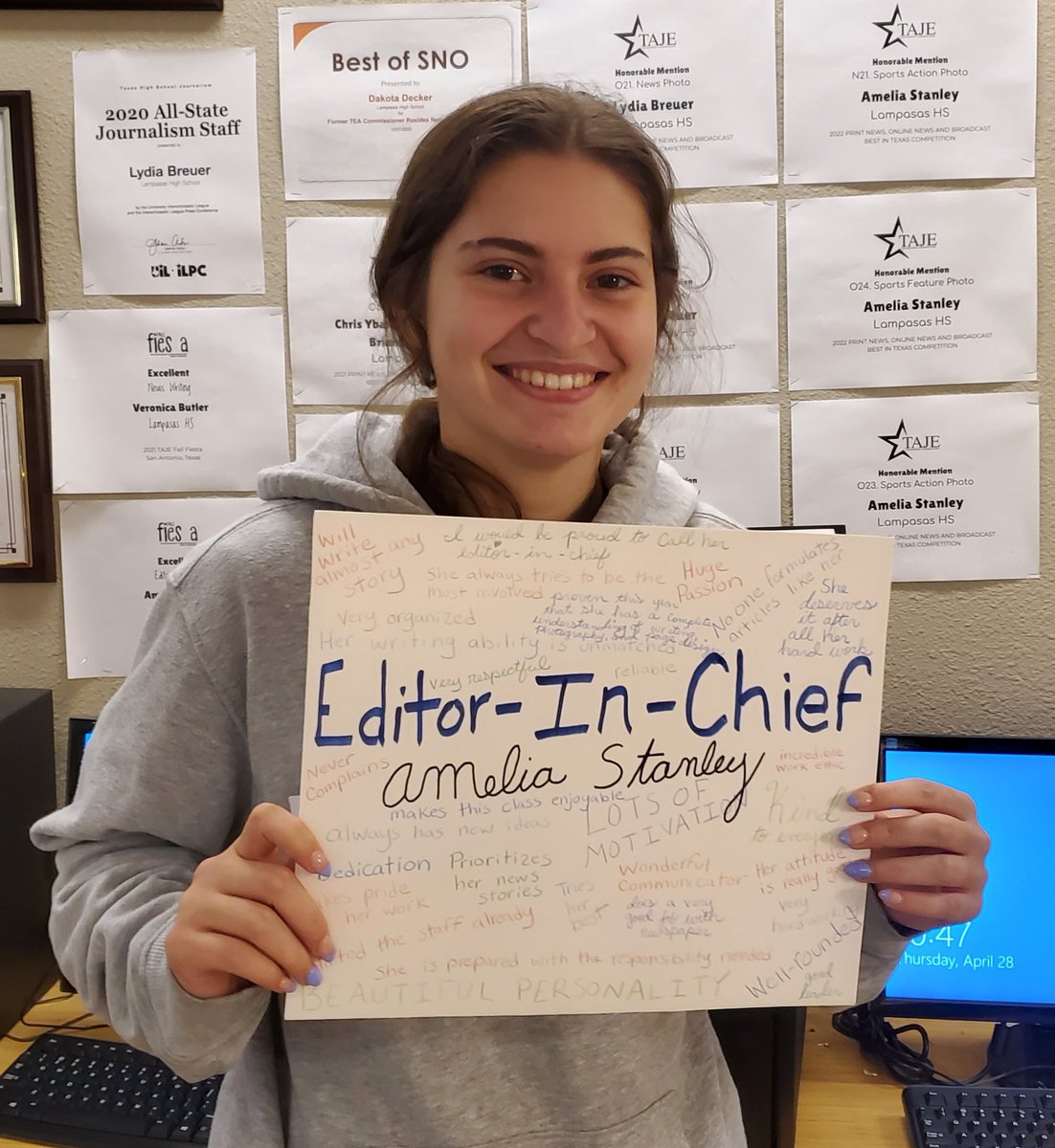 The new editor-in-chief who will take over during the 2022-2023 school year: Amelia Stanley <a href="/ameliarstanley/">amelia</a> 
She has won many writing and photo awards, including multiple Superior photo awards, an Excellent photo portfolio, and she is a state qualifier in TWO writing events!