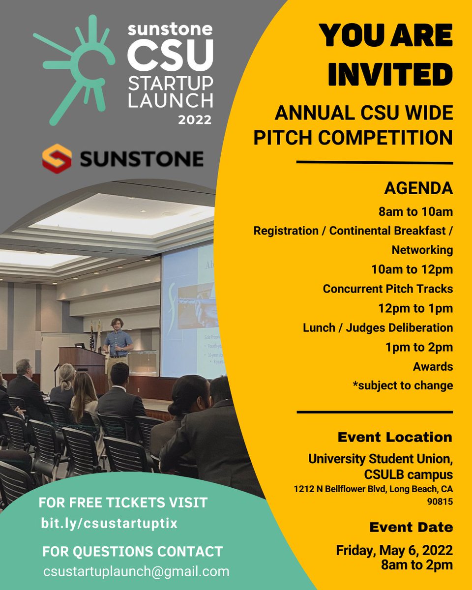 The Institute for Innovation &amp; Entrepreneurship at CSULB will be hosting the inaugural Sunstone CSU Startup Launch Competition on our campus at the USU. Please visit bit.ly/csustartuptix to get your free tickets.

May 6, 2022 | 8am – 2pm
University Student Union, CSULB Campus