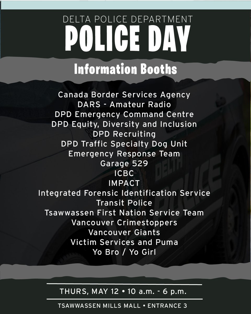 Delta Police Department (@deltapolice) on Twitter photo We are excited to announce the vendors/partners who will be joining us for our first in-person Police Day since 2019. We hope that you'll join us, come say hi, and get to know your Delta Police Department on Thursday, May 12 at <a href="/TsawwassenMills/">Tsawwassen Mills</a>. #DPD #CommunityPolicing #PoliceDay We are excited to announce the vendors/partners who will be joining us for our first in-person Police Day since 2019. We hope that you'll join us, come say hi, and get to know your Delta Police Department on Thursday, May 12 at <a href="/TsawwassenMills/">Tsawwassen Mills</a>. #DPD #CommunityPolicing #PoliceDay