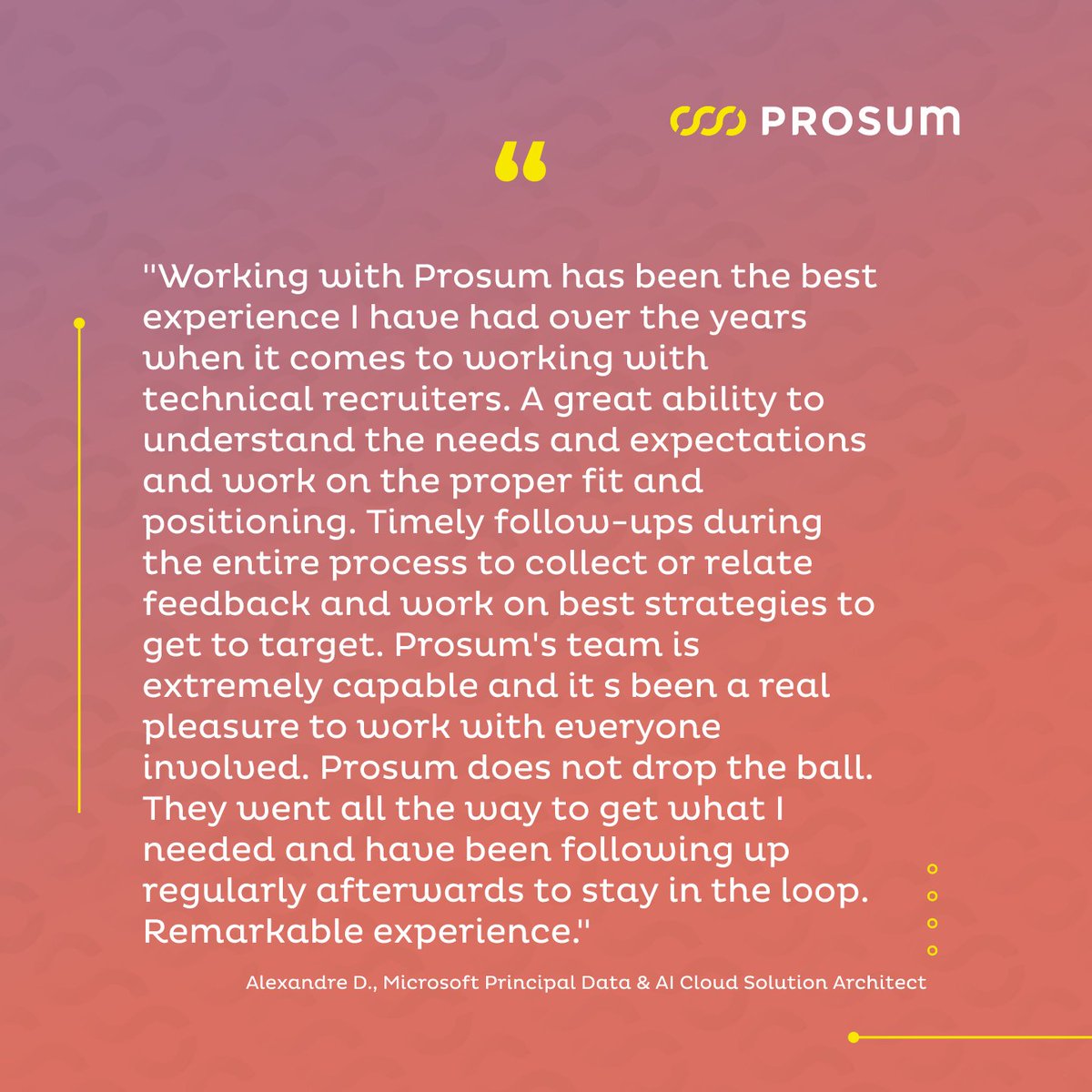 Prosum's tweet image. Our tech staffing and recruiting experts will help you achieve your hiring needs and goals, no matter what size your company or industry!
Ready to find top IT talent near you? Learn more here👉 nsl.ink/4V2Z. 

#testimonial #requesttalent #Prosum #KnowEachCandidate
