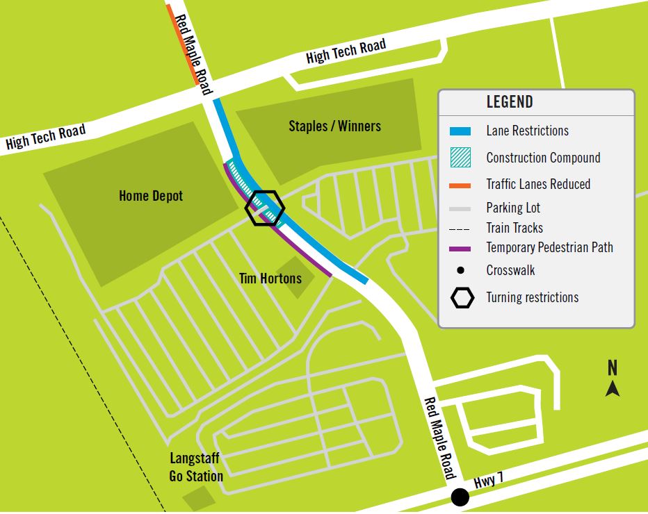 YorkRegionGovt's tweet photo. From now to July, the sewer construction in @myrichmondhill requires lane restrictions along Red Maple Rd from Hwy 7 to just north of High Tech Rd and turning restrictions into the Home Depot and the Staples/Winners stores.  For more info visit https://t.co/H95o6itH6h. #onYRRoads https://t.co/IyhMU2gsF5