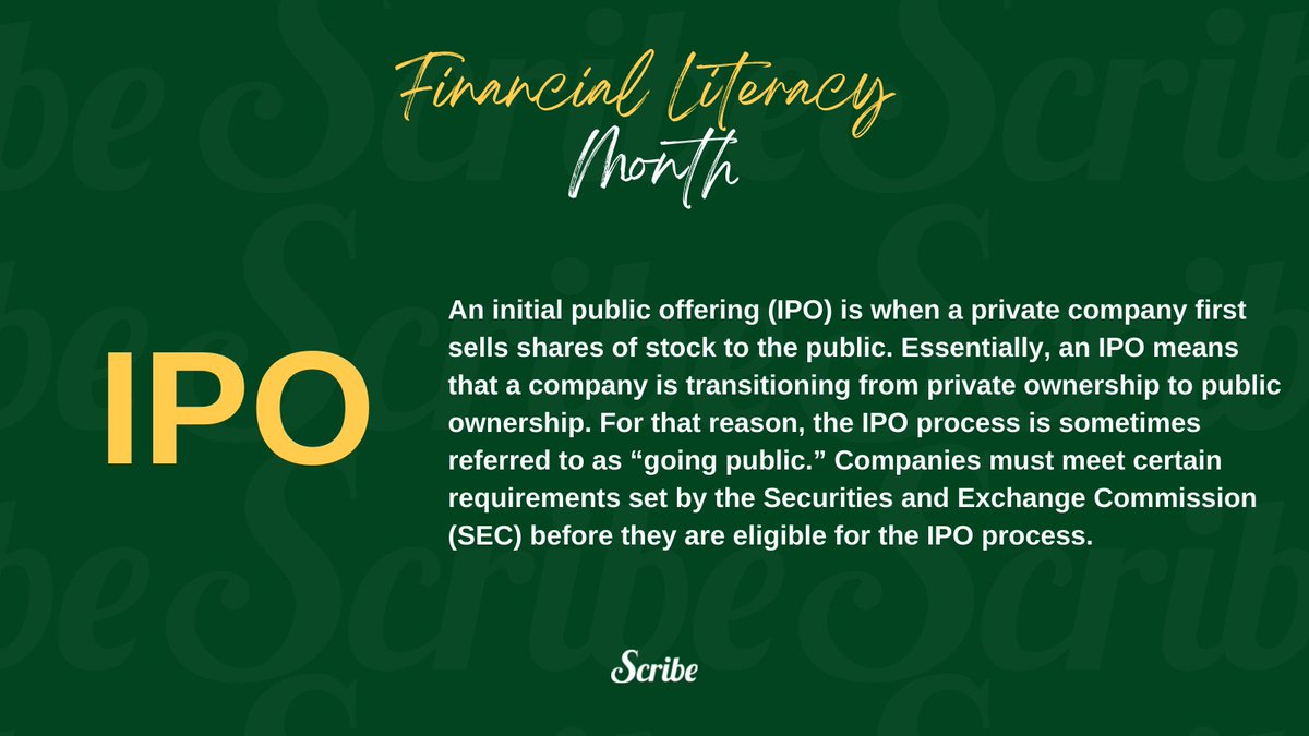 scribesays's tweet photo. We have reached our final #FinancialLiteracyMonth vocab 📝 lesson! Today, we're sharing the basics of Initial Public Offerings or #IPOs! 💰💼

Want to know more? Check out this great article by  @Fidelity  : https://t.co/f0YuoIP6aF https://t.co/j9luAD6mcb