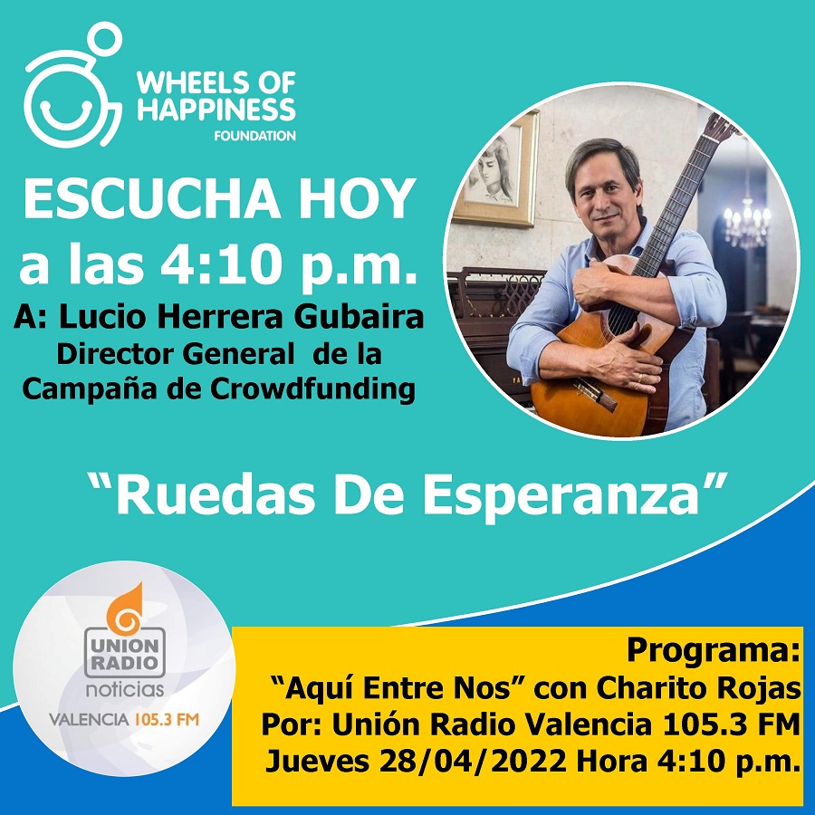 2HappyWheels's tweet photo. HOY a las 4:10 p.m.  Escucha la entrevista a nuestro director general @LucioHerrera en el programa "Aquí Entre Nos" con la periodista @CharitoRojasP por @UnionRadioVLN Lucio explicará nuestra campaña #RuedasDeEsperanza #WheelsOfHappiness #SillasDeRuedas https://t.co/qrElmig4mV