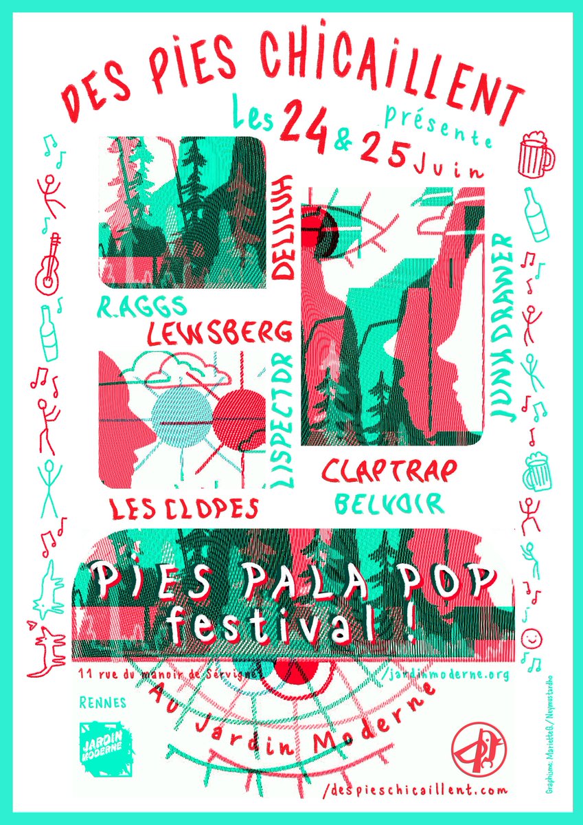 popisonfire's tweet photo. #Rennes L’association rennaise, Des Pies Chicaillent, organise son 1er festival les 24 et 25 juin @JardinModerne !
Avec Lewsberg, Lispector, Junk Drawer, Deliluh...
Prog complète : https://t.co/7vNwqW1uvz https://t.co/kZ78bMuTIT