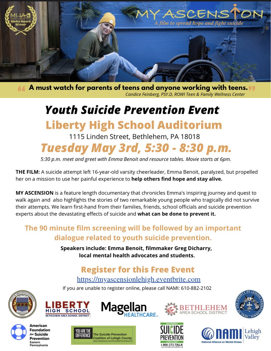 NAMI LV is proud to be part of this valuable Youth Suicide Prevention movie event next week on Tuesday May 3rd, in recognition of #mentalhealthawarenessmonth