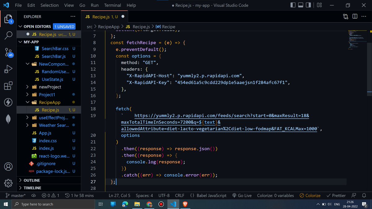 Batman0088rrt's tweet photo. Day 28 of  #100DaysOfCode.

=> Started working on new project (Recipe App) where user can search for recipe by some keywords in React ⚛️. https://t.co/zFSMXEhCe0