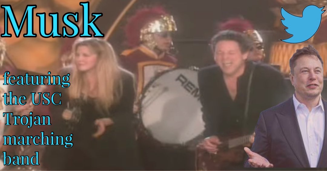xclaim's tweet photo. Twitter just announced a new company theme song. #ElonMusk #ElonMuskBuyTwitter #elontusk #tusk #fleetwoodmac #bostoncrew #xclaim #usc #uscband https://t.co/ihujW2YUmT