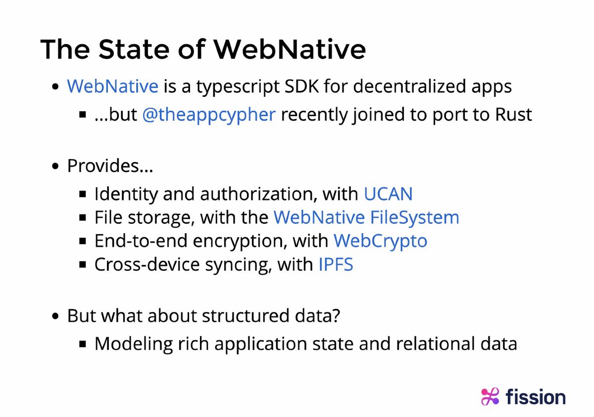 FISSIONcodes's tweet photo. The state of Fission's #webnative SDK. TypeScript and browser targeted, now being turned into Rust/WebAssembly for performance and portability. Cheers @theappcypher!
Use it to build edge apps today.
Next: let's handle structured data, with a webnative database! https://t.co/PtsnvaCAbH