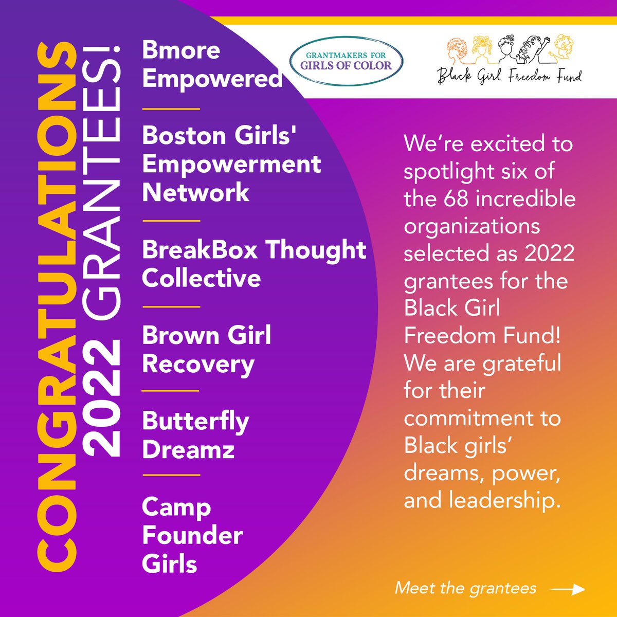 BlkGrlFreedom's tweet photo. From entrepreneurship to camping, our newest grantee partners are invested in supporting Black girl leadership in all areas of life! This week, we're spotlighting 6 of our grantee partners and the incredible work they’re doing in their communities. #1Billion4BlackGirls https://t.co/MZkFS4ntpX