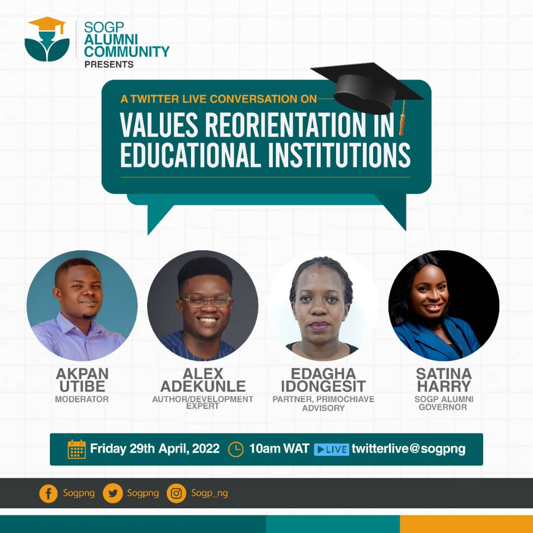 sogpng's tweet photo. Join our alumni community for this insightful conversation pioneered by our alumni governor @Satinaharry1
It will be live on twitter space, set your reminder.
#sogp #valuebasedleadership #valuesreorientation. https://t.co/FkUq3Q5TDC