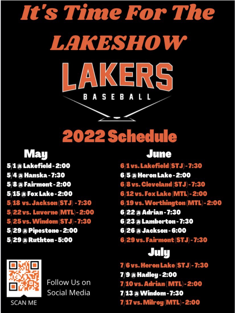 LakersMtl's tweet photo. It’s that time of year again!  Here is your Laker Baseball schedule for the 2022 season.  Opening day is this Sunday May 1st in Lakefield.  Go Lakers!⚾️🌊 https://t.co/gjuLFKyjDl