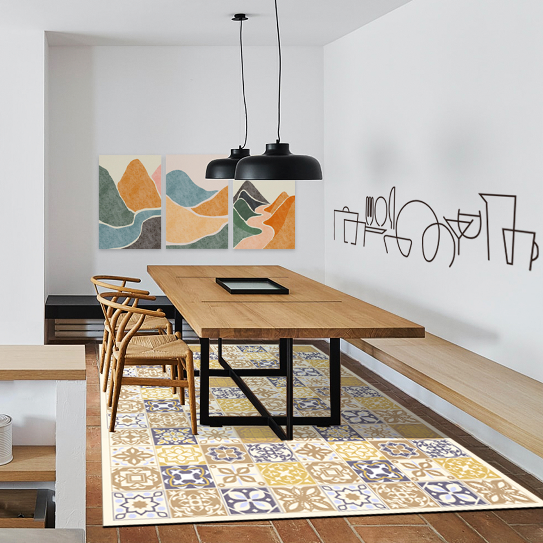It's time to renovate your dining room and add some colour and life to this special space!🍴🏠🤩 

Sticker: A19975 - bit.ly/3Mwmlko 
Canvas: Q553 - bit.ly/3vobgfH 
Vinyl Rug: R631 - bit.ly/3xWc6lm 

#cutlerysticker #moderncanvas #Spanishtilevinylrug