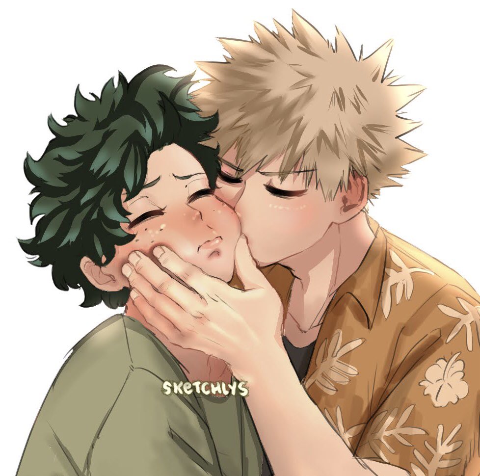 bakugou katsuki ,midoriya izuku multiple boys 2boys male focus yaoi closed eyes blonde hair freckles  illustration images