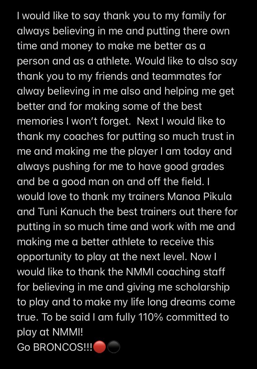 110% COMMITED!!!!🔴⚫️
<a href="/CoachTaufaasau/">Kurt Taufa’asau</a> <a href="/CoachM_Justin/">Marcellus Justin</a> <a href="/nmmibroncos/">NMMI Football</a> <a href="/kanuch78/">Powerhouse Training - UT</a> <a href="/ManoaPikula22/">Manoa Pikula</a> <a href="/EricAlder1/">Eric Alder</a>