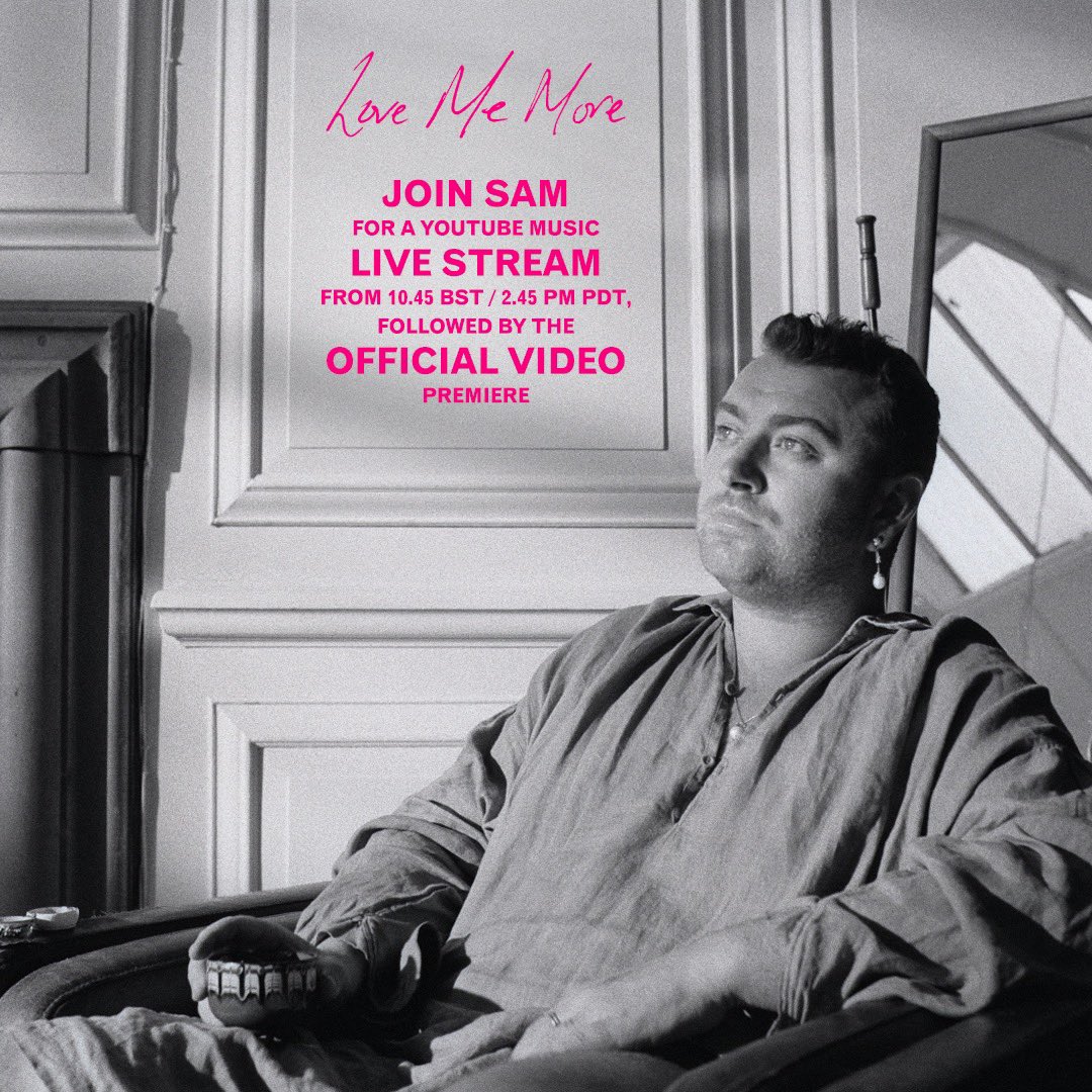 samsmith's tweet photo. Love Me More
Join Sam for an exclusive @youtubemusic live stream 15 minutes before the official video premiere today https://t.co/wnLoJDs8JW https://t.co/UxFWXvWCOZ