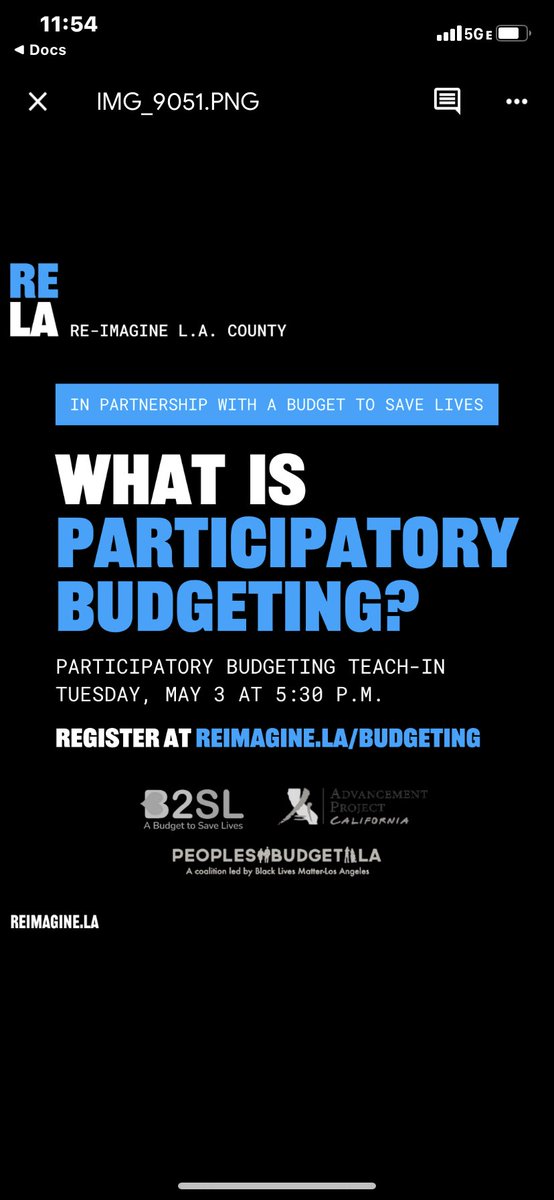 Join @ReImagine_LA ON Tuesday, May 3rd at 5:30PM  for our Participatory BudgetingTeach-In! Learn about what a #CareFirstBudget would mean, and how we can demand greater transparency!

Partners to Tag: @reimagine_LA <a href="/blmlosangeles/">Black Lives Matter</a> @ladefensx @AdvancementProjectCA