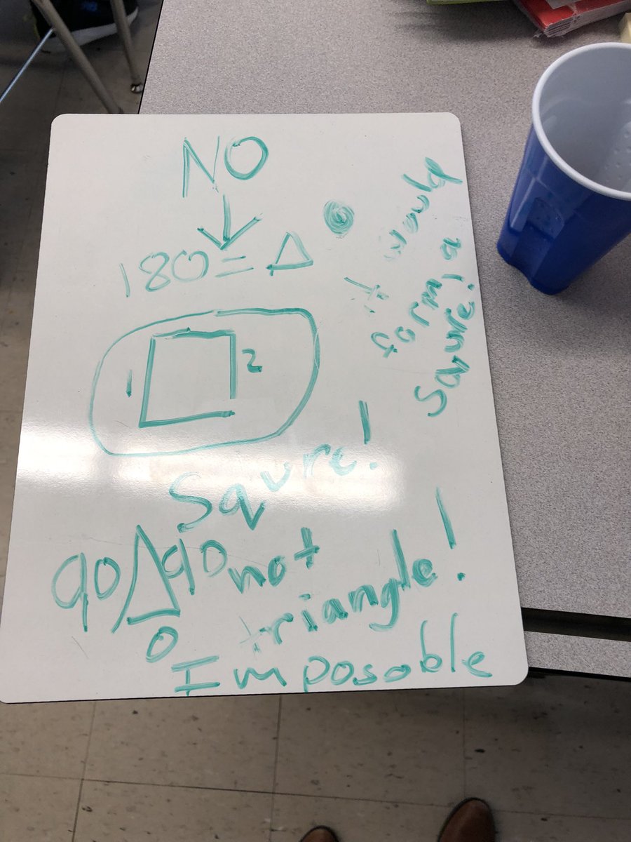 msisaacson's tweet photo. Our challenge question today was, can a triangle have two right angles? Why or why not? I was absolutely blown away by the answers students came up with. Not only did they draw their thinking, they explained it as well. #mylittlemathematicians #medfieldps #beproudbedale 🤩 https://t.co/8r74phSL4X