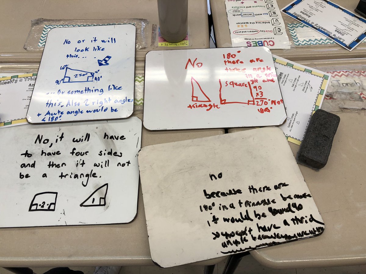 msisaacson's tweet photo. Our challenge question today was, can a triangle have two right angles? Why or why not? I was absolutely blown away by the answers students came up with. Not only did they draw their thinking, they explained it as well. #mylittlemathematicians #medfieldps #beproudbedale 🤩 https://t.co/8r74phSL4X