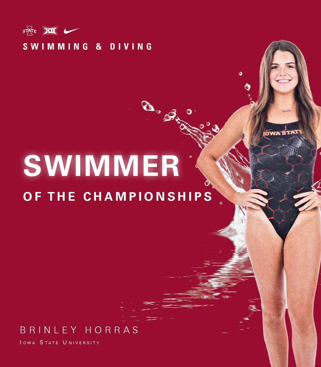 CycloneSD's tweet photo. Brinley Horras, 𝘚𝘸𝘪𝘮𝘮𝘦𝘳 𝘰𝘧 𝘵𝘩𝘦 𝘊𝘩𝘢𝘮𝘱𝘪𝘰𝘯𝘴𝘩𝘪𝘱𝘴

∙ First in ISU history to earn All-Big 12 honors in the 200, 500 and 1650 free in same year
∙ Became ninth-fastest miler all time
∙ Posted three top-20 times in program history in three events https://t.co/b4F5Jesmo2