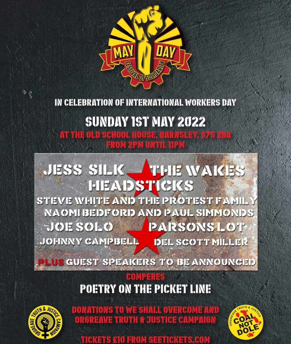 Joe Solo ✊❤️👊 (@joesolomusic) on Twitter photo <a href="/ComradeRockUK/">May Day Solidarity</a> THIS SUNDAY at Old School House in Barnsley ft <a href="/HeadsticksMusic/">Headsticks</a> <a href="/TheWakes/">The Wakes</a> <a href="/silkj1/">Jess Silk</a> <a href="/DelScottMiller/">Del Scott Miller</a> <a href="/NaomiBedford/">Naomi Bedford</a> & Paul Simmonds @ProtestFamily & more all compered by <a href="/PicketLinePoets/">PicketLinePoetry</a> GET THERE IF YOU CAN!! <a href="/ComradeRockUK/">May Day Solidarity</a> THIS SUNDAY at Old School House in Barnsley ft <a href="/HeadsticksMusic/">Headsticks</a> <a href="/TheWakes/">The Wakes</a> <a href="/silkj1/">Jess Silk</a> <a href="/DelScottMiller/">Del Scott Miller</a> <a href="/NaomiBedford/">Naomi Bedford</a> & Paul Simmonds @ProtestFamily & more all compered by <a href="/PicketLinePoets/">PicketLinePoetry</a> GET THERE IF YOU CAN!!