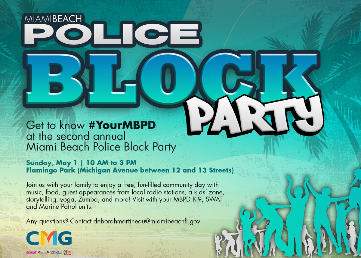 MiamiBeachPAL's tweet photo. #BlockParty Come get to know your @MiamiBeachPD this Sunday, May 1st from 10am to 2pm at Flamingo Park (Michigan Ave between 12th and 13th street). Featuring music, food, special guests, local radio stations, yoga, zumba, and more! You won't want to miss this exciting event🌞 https://t.co/Impd1V5uD2