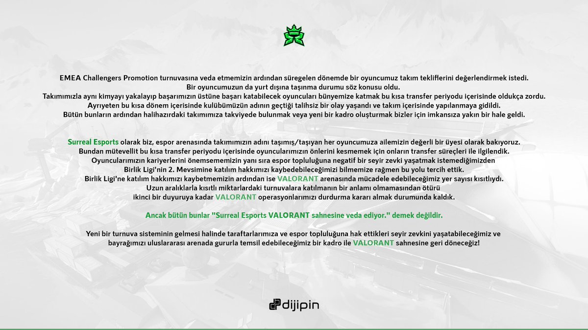 e_surreal's tweet photo. VALORANT operasyonlarımız hakkında saygıdeğer espor kamuoyuna duyurumuzdur. https://t.co/0ZLtG43Mfm