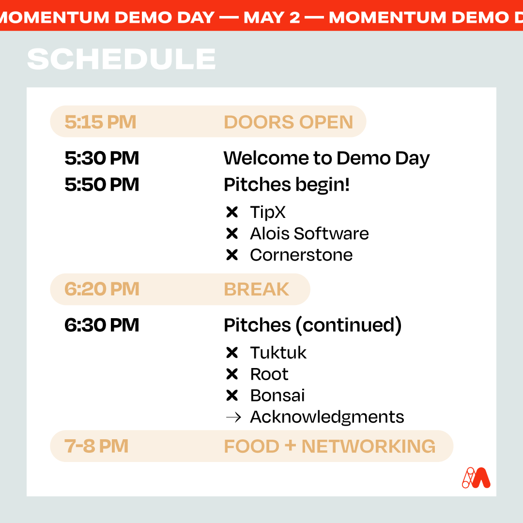 UTCreatives's tweet photo. Join Texas Momentum’s founding cohort for Spring Demo Day on 5/2 at 5:30 in the Crum Auditorium at Rowling Hall (RRH)! RSVP Today!
https://t.co/Z4qrh5DNdb https://t.co/Zir60WmnGL