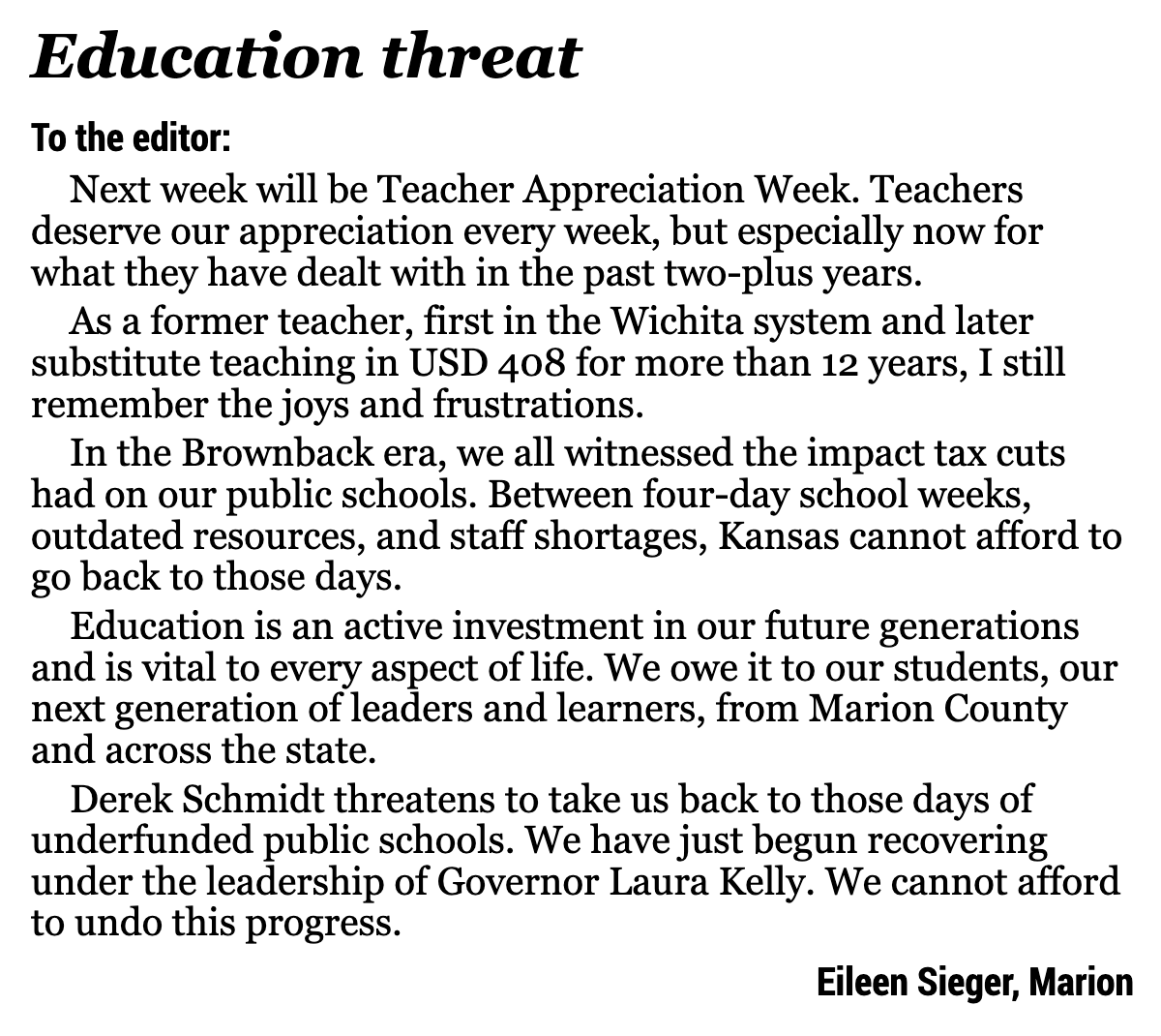 Back2Brownback's tweet image. "In the Brownback era, we all witnessed the impact tax cuts had on our public schools. Between 4-day school weeks, outdated resources, &amp;amp; staff shortages, Kansas cannot afford to go back," says a voter in Marion County about the threat of @DerekSchmidtKS as Governor #ksleg