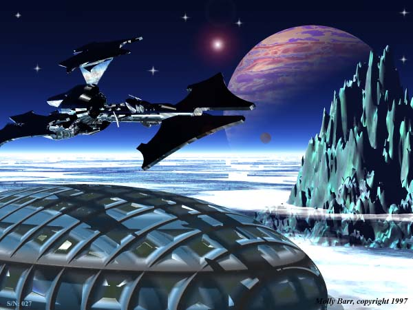 3d rendering of a starship flying over blue mountains and clouds with stars and a purplish jupiter like planet in the background and a small moon in the distance