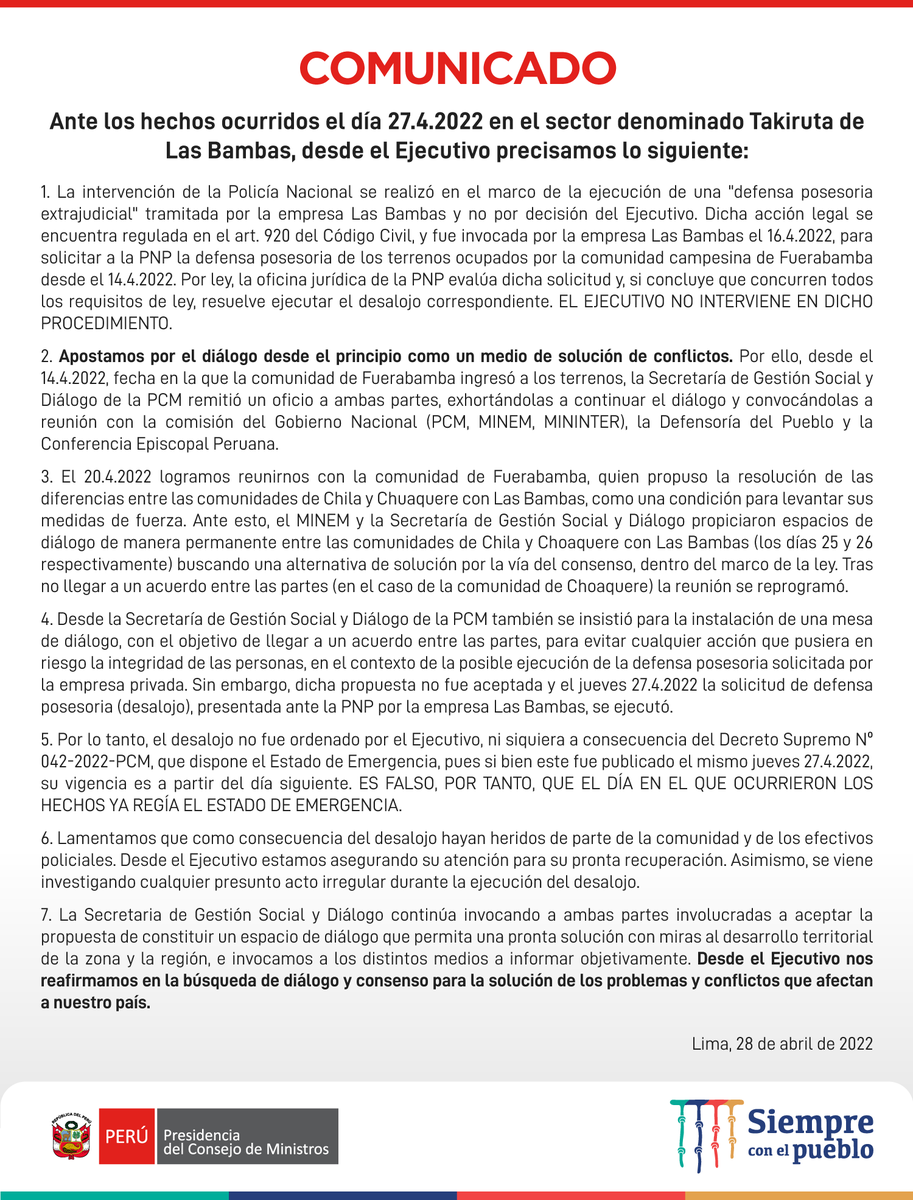 pcmperu's tweet photo. 📰 Comunicado | Ante los hechos ocurridos el día 27.4.2022 en el sector denominado Takiruta de Las Bambas, desde el Ejecutivo precisamos lo siguiente ⤵️

🔗 https://t.co/OrcezAFlBm https://t.co/Xh47AqFvE3