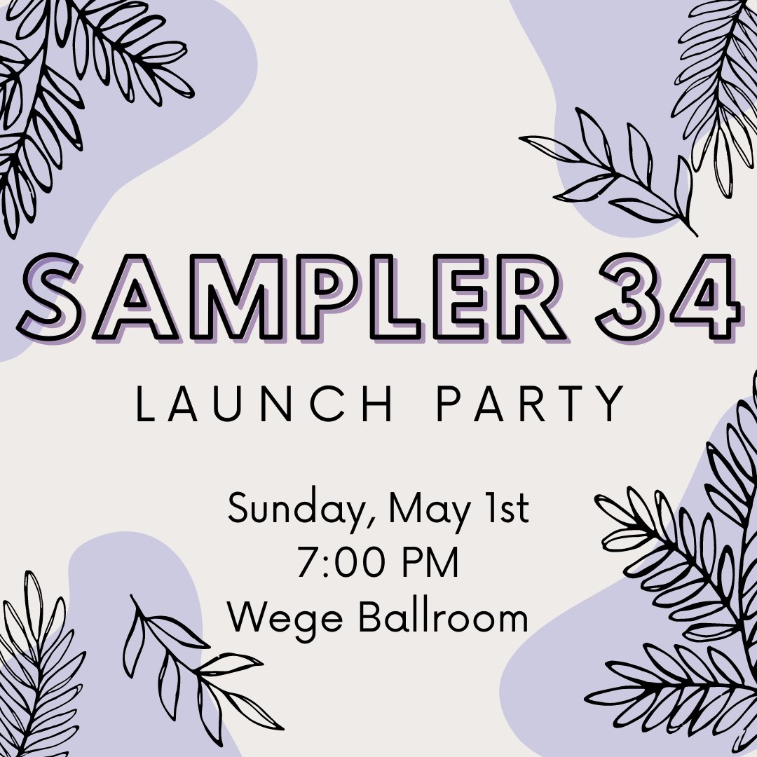 writingcenterAQ's tweet photo. This Sunday we celebrate the publication of Sampler 34! Join us in the Wege Ballroom at 7:00pm to not only grab your own copy of Sampler 34, but to hear authors read and artists discuss their pieces. 
#aquinascollegegr #aqwriters #aqstudents https://t.co/8Ccge7b8T7