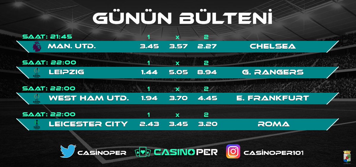 Casinoper's tweet photo. ⚽Casinoper günün maçlarını senin için seçti. Hemen bahsini al! https://t.co/jyAn9QtnDT