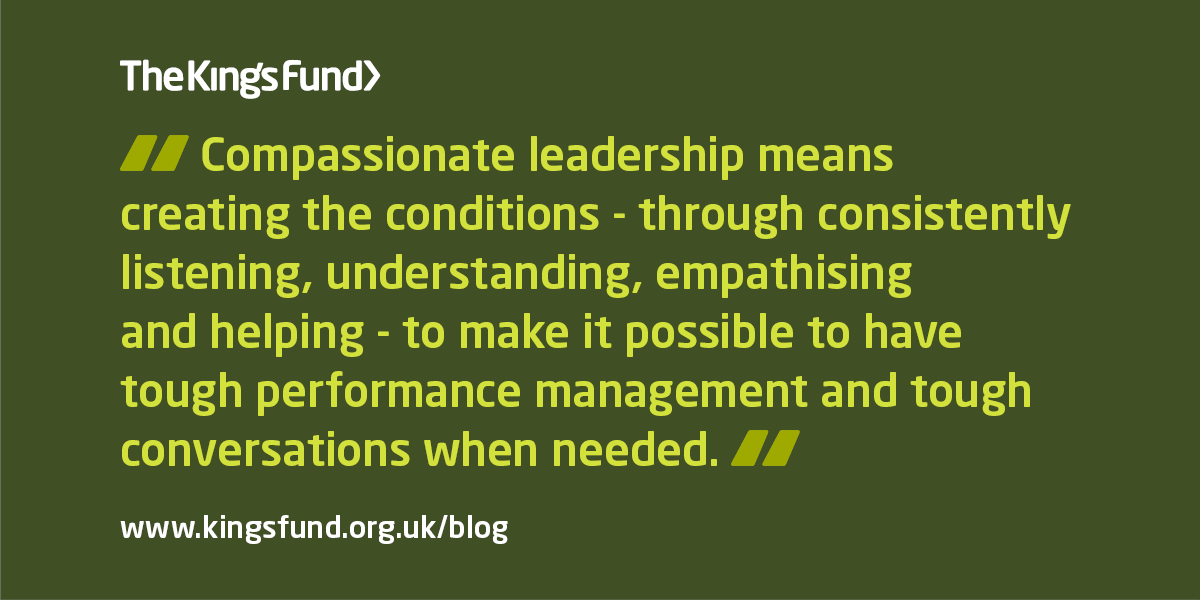 TheKingsFund's tweet photo. #CompassionateLeadership is needed throughout the health and care system. Revisit this blog from @WestM61 and @bailey_suzie dispelling five common myths and explaining how it is essential for alleviating the NHS workforce crisis: https://t.co/KnkH5oT4XA https://t.co/0d7j6bvTaG