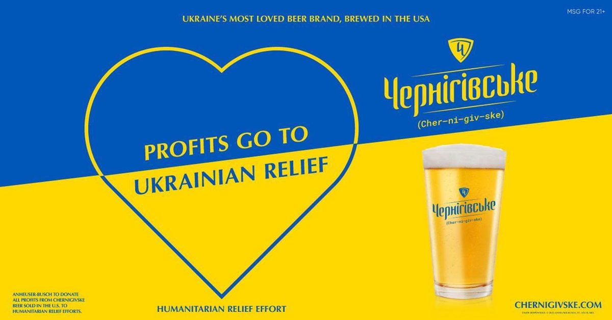 brewkraine's tweet photo. @AnheuserBusch is bringing Ukraine's most popular beer brand to the United States with proceeds benefiting humanitarian relief in the war-torn country. Beginning in May, @chernigivskeua will brewed at Anheuser-Busch's Newark, New Jersey, factory. 🍻🇺🇦

#brewforukraine #brewkraine https://t.co/m8y9INOzXb