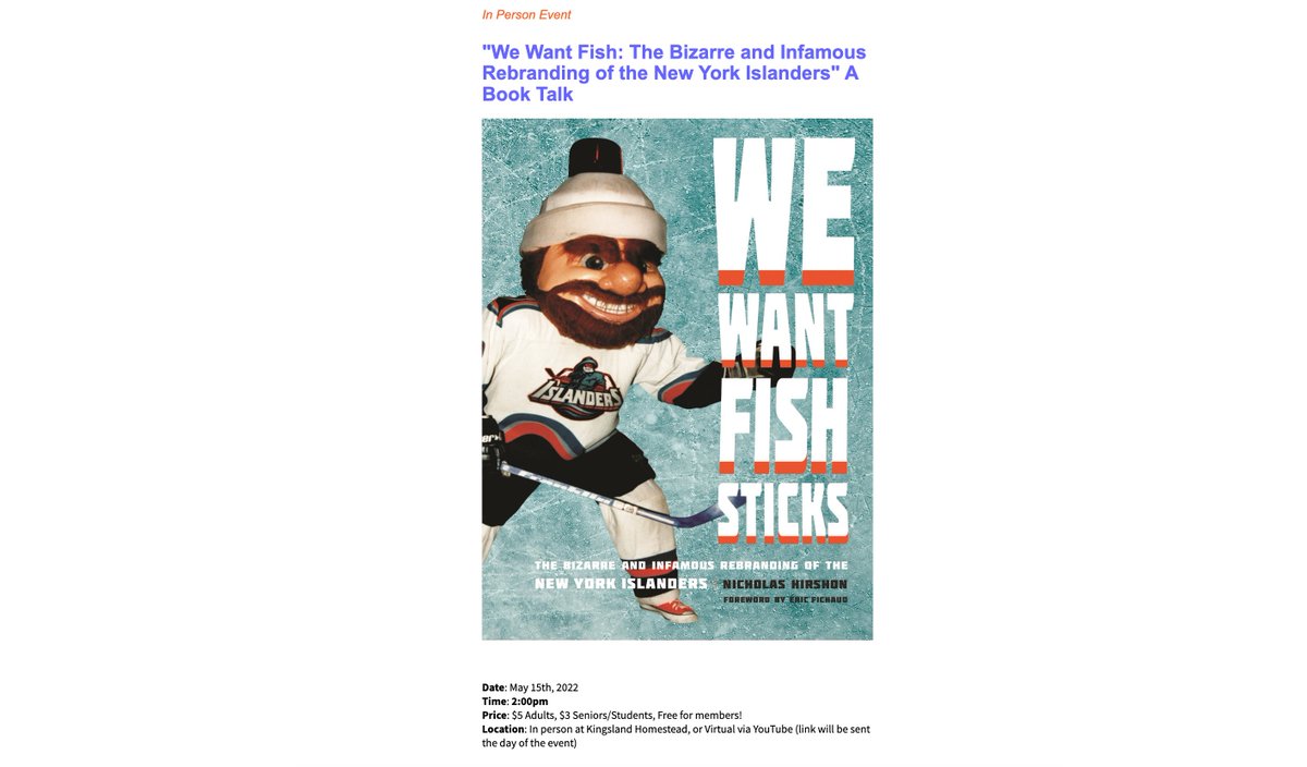 nickhirshon's tweet photo. Hey #Isles fans! Join me at @queenshistoric in Flushing on May 15 to talk Palffy, Milbury, Spano, and the fisherman logo. #WeWantFishSticks https://t.co/7mguw00hPD