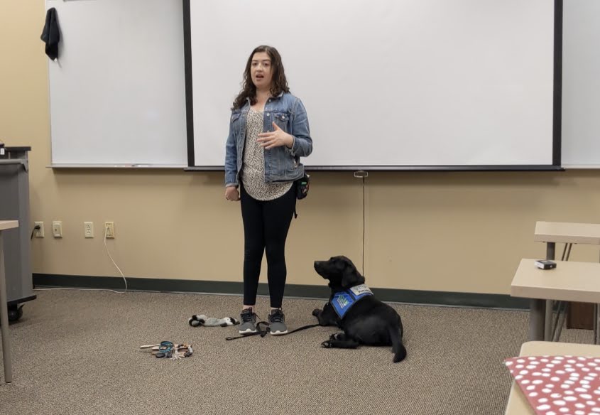 IWUcom's tweet image. Vada Hornocker, an Indiana Canine Assistant Network volunteer, spoke to Intro to Newswriting. Hornocker has been volunteering with ICAN for six years and today she spoke on training service dogs and introduced the class to Max, a dog in training. #ICAN #servicedogs #iwu #sojourn