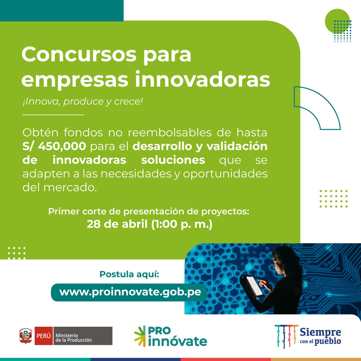 📣 Primer corte de presentación de proyectos
Tienes hasta HOY, a la 1:00 p. m., para aplicar a los concursos de Innovación Empresarial y Validación de la Innovación, de #ProInnóvate del <a href="/MINPRODUCCION/">Ministerio de la Producción</a>.
🌐 Toda la información👇
✅ bit.ly/ConcursoInnova…
✅ bit.ly/ConcursoValida…