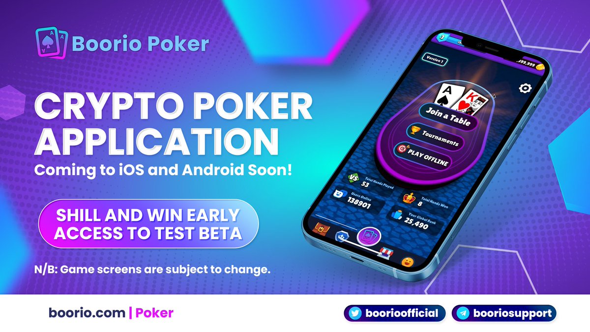 The time has come for some of our lucky followers to test out brand new crypto poker beta!

10 random winners!

Follow <a href="/boorioofficial/">Boorio Official</a>, like and retweet this post, shill this image on your socials with #CryptoPoker and post the proof in the comments, every post is an extra entry!