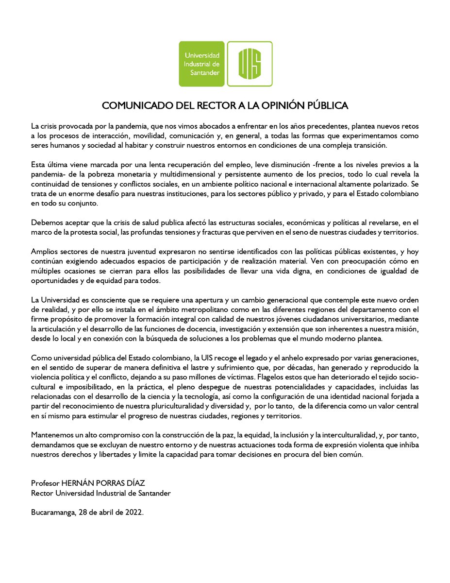 UIS's tweet photo. #Atención Comunicado del @RectorUIS a la opinión pública. https://t.co/oM1MmrVw74
